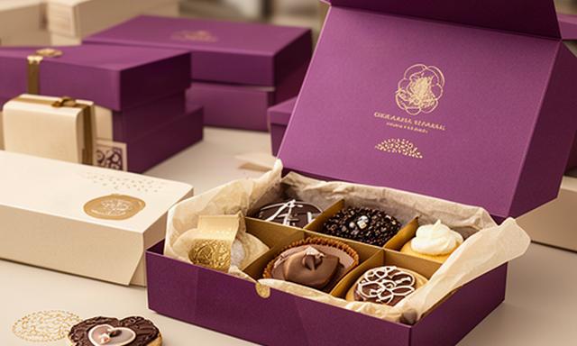 Cajas de repostería con logotipo dorado y galletas corporativas sobre un mostrador