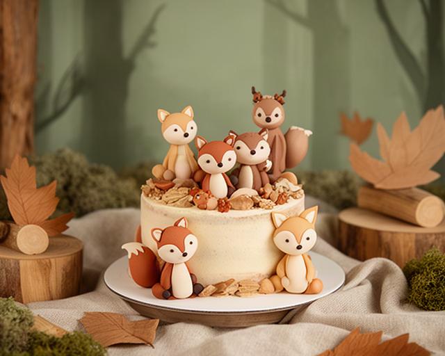 Pequeña tarta smash cake con animalitos de fondant sobre un atrezzo de bosque para bebé